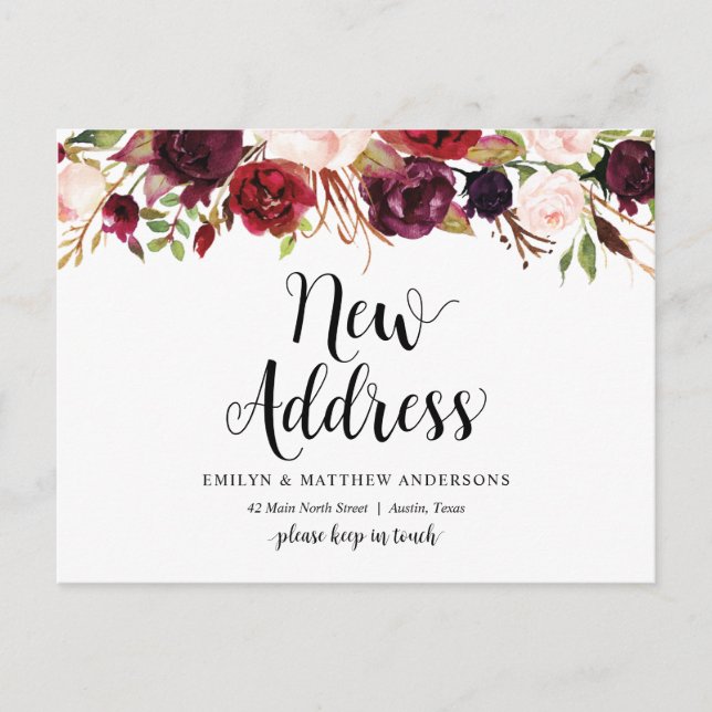 New home address, burgundy floral, Announcement Postcard (Front)