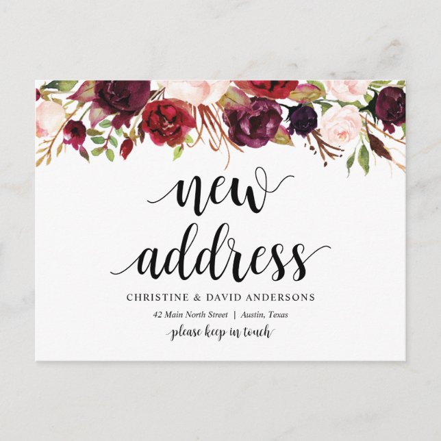New home address, burgundy floral, Announcement Postcard (Front)