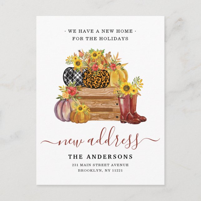New Home Address Floral Pumpkins Sunflower Moving Announcement Postcard (Front)