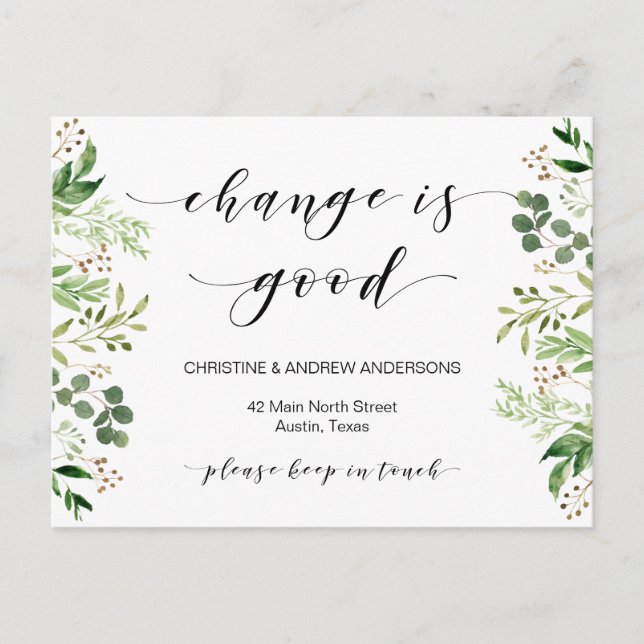 New Home Address, Greenery, Moving Announcement Postcard (Front)