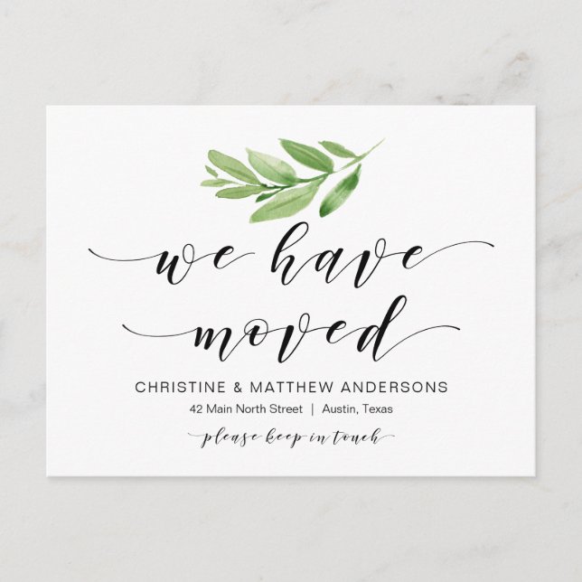 New Home Address, Greenery, Moving Announcement Postcard (Front)