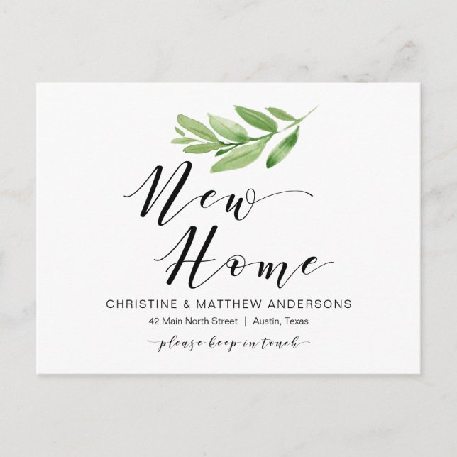 New Home Address, Greenery, Moving Announcement Postcard (Front)