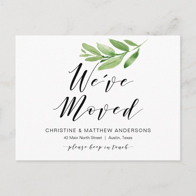 New Home Address, Greenery, Moving Announcement Postcard (Front)