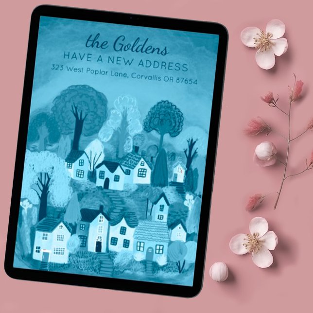 New Home Address Moving Cute Country Village Art Invitation (New home address announcement cute card - available as digital download send via email save postage)
