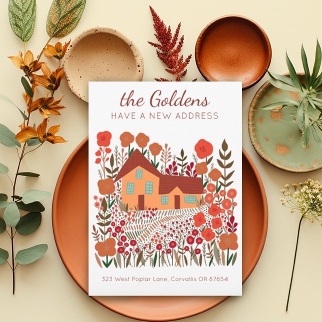 New Home Address Moving Farmhouse Flowers Autumn Card (Sweet moving announcement new home custom card. Available as digital or paper card. Autumn colors)