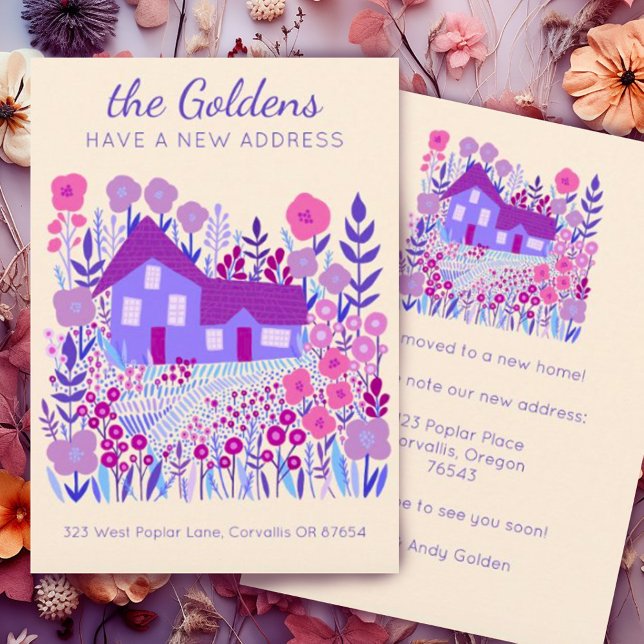 New Home Address Moving Farmhouse Flowers Custom Card (Custom new home address announcement flat card with charming house and garden illustration purple)