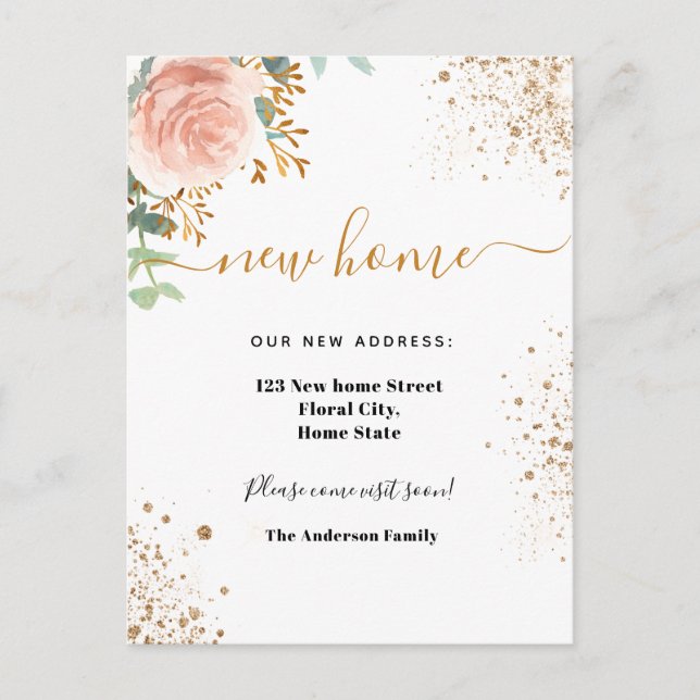 New home address rose gold floral eucalyptus  announcement postcard (Front)