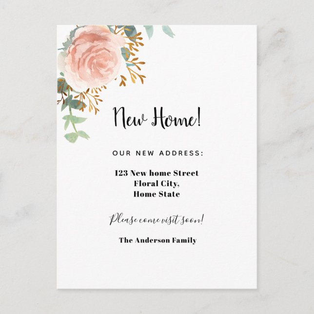 New home address rose gold floral eucalyptus announcement postcard (Front)