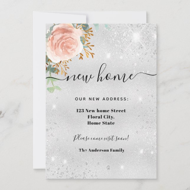 New home address silver floral rose gold glitter announcement (Front)