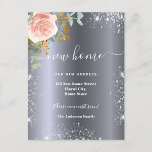New home address silver floral rose gold glitter announcement postcard