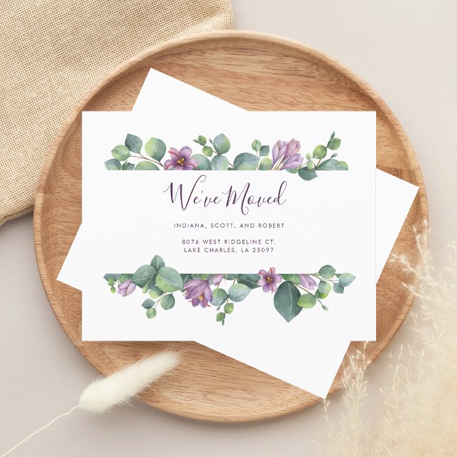 New Home Address We’ve Moved Announcement Card (We Moved Watercolor Sage Green and Purple Moving Announcement)
