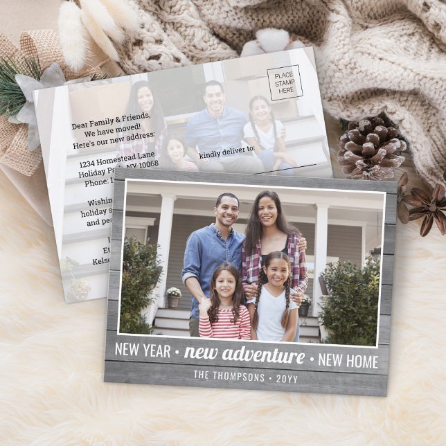 New Home Adventure Grey Wood 2 Photo New Years Holiday Postcard (Creator Uploaded)