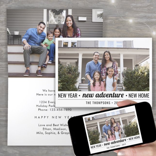 New Home Adventure Modern 2 Photo New Years Folded Holiday Card (Creator Uploaded)