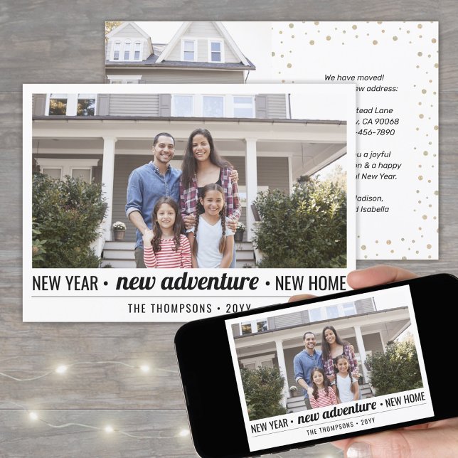New Home Adventure Modern Photo New Years Confetti Holiday Card (Creator Uploaded)