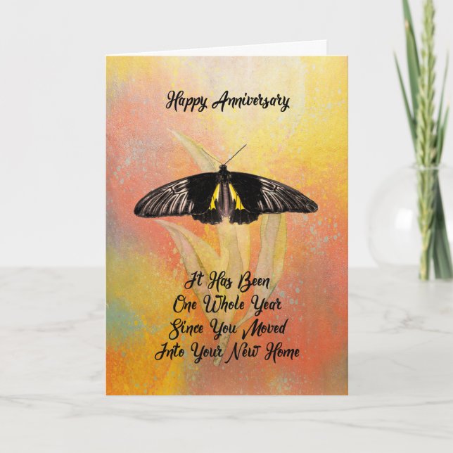 New Home Anniversary Orange with Butterfly Card (Front)