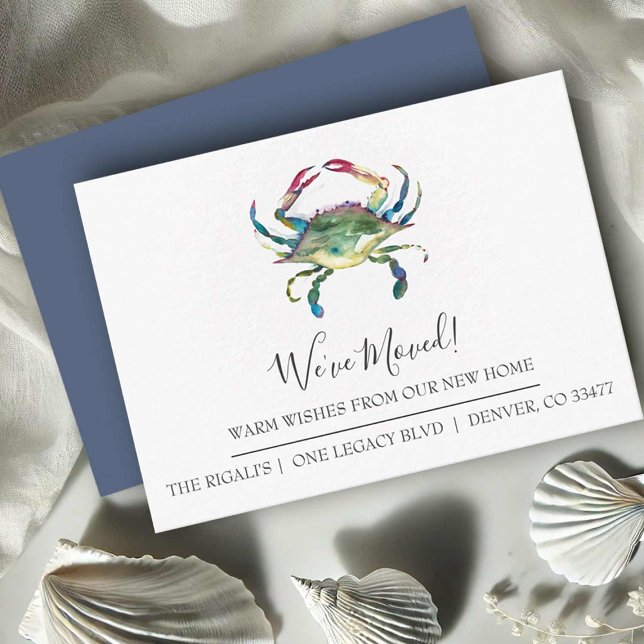 New Home Beach Moving Announcement Cards (Watercolor crab moving announcement cards by Florida Watercolor Artist Victoria Grigaliunas)