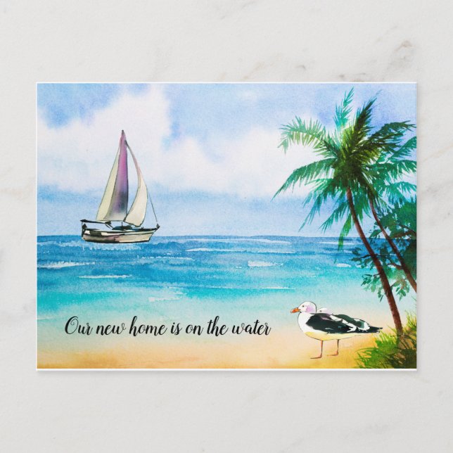 New Home Beach Scene Sailboat Palms Moving Announcement Postcard (Front)