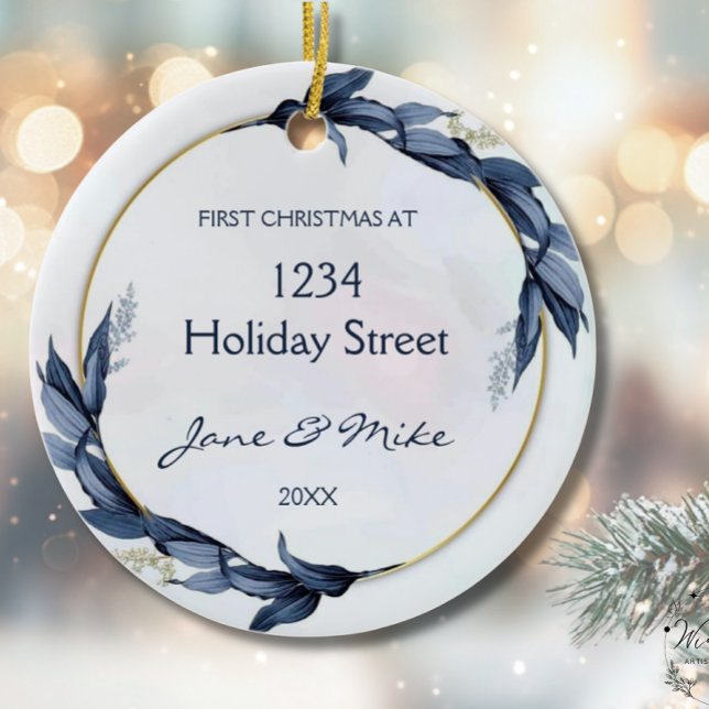 New Home Blue Floral First Home Christmas  Ceramic Ornament (Creator Uploaded)