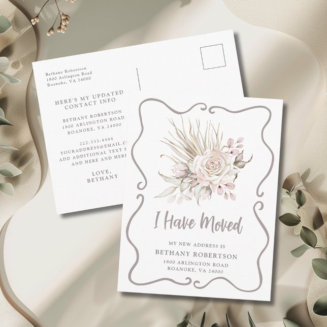 New Home Boho Blush Pink Roses Moving Postcard (I Have Moved Boho Blush Pink Roses with Eucalyptus New Address Postcard)