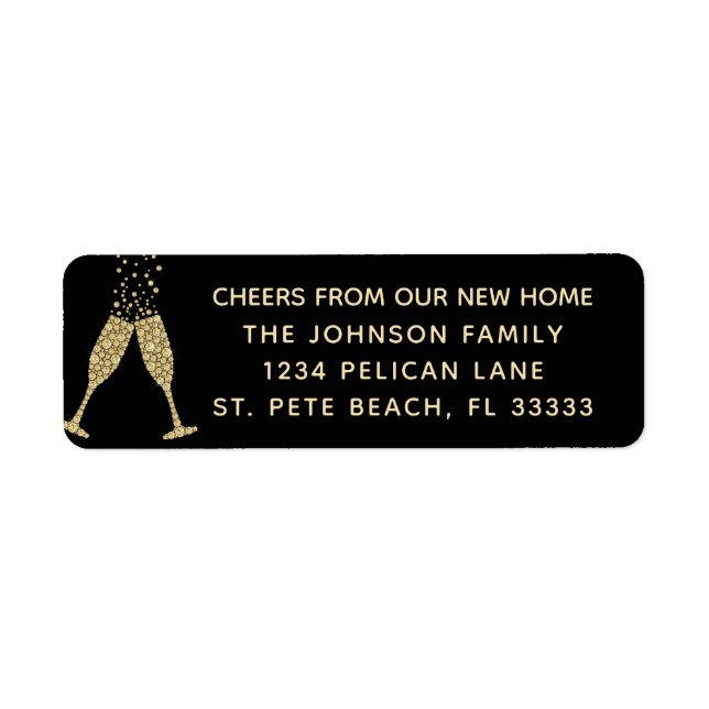 New Home Champagne Toast Gold Black Return Address Label (Front)