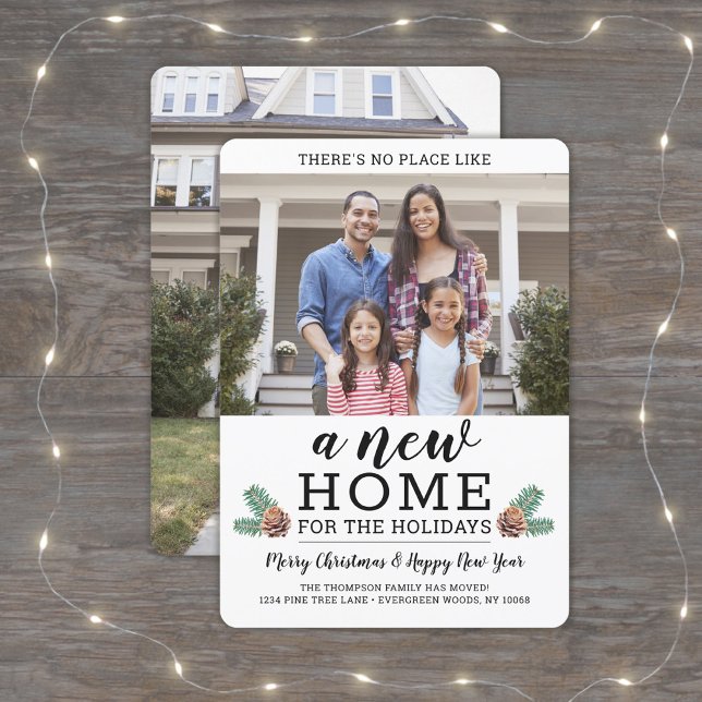 New Home Christmas Address Change Modern 2 Photo Holiday Card (Creator Uploaded)