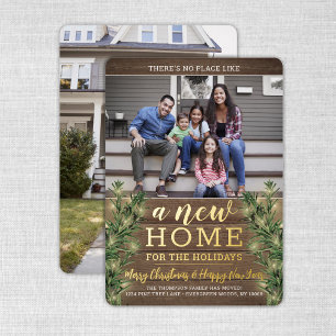 New Home Christmas Greenery, Wood & Lights 2 Photo Foil Holiday Card