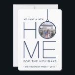 New Home Christmas Ornament 2 Photo Navy & White Holiday Card<br><div class="desc">There's no place like a new home for the holidays! Share the joyful news of your new address as well as two of your favorite photos with this elegant navy blue and white holiday moving announcement card. Text on this template is is simple to customize. (IMAGE PLACEMENT TIP: An easy...</div>