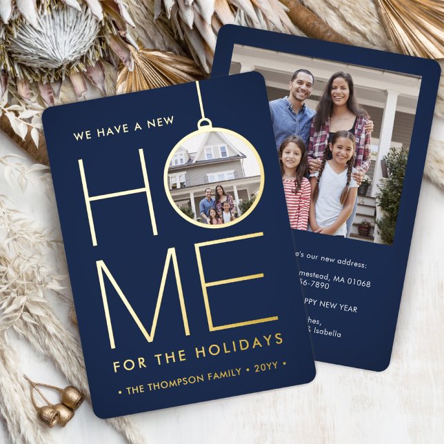 New Home Christmas Ornament Modern Navy 2 Photo Foil Holiday Card (Creator Uploaded)