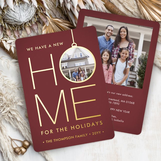 New Home Christmas Ornament Modern Red 2 Photo Foil Holiday Card (Creator Uploaded)