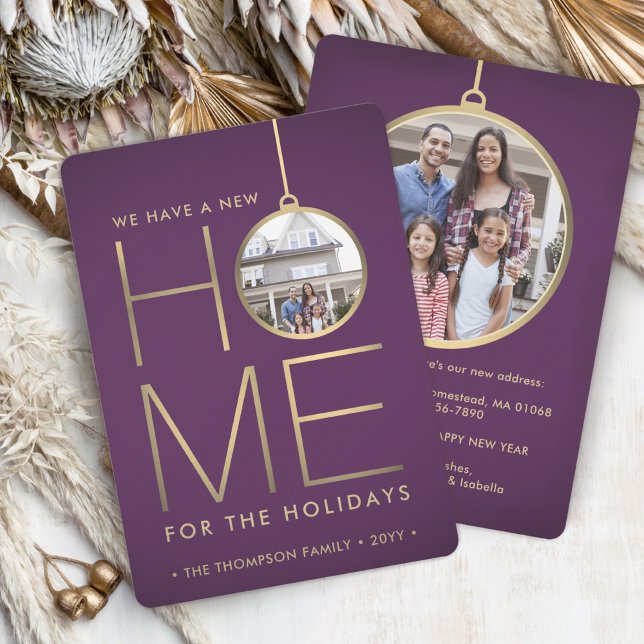 New Home Christmas Ornament Purple & Gold 2 Photo Holiday Card (Creator Uploaded)