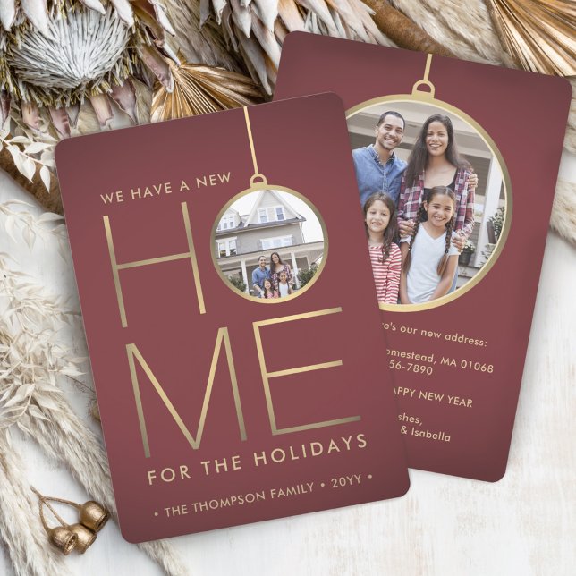 New Home Christmas Ornament Red & Gold 2 Photo Holiday Card (Creator Uploaded)