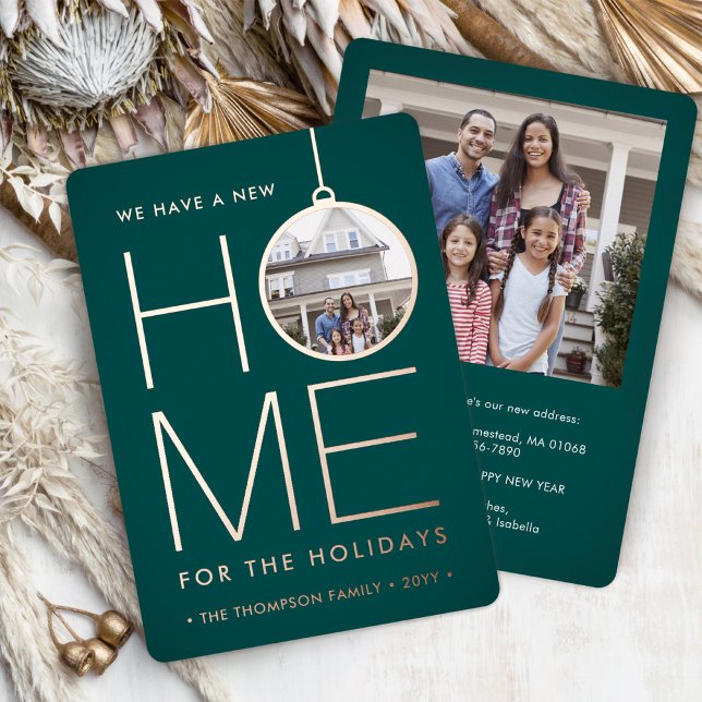 New Home Christmas Ornament Teal Green 2 Photo Foil Holiday Card (Creator Uploaded)