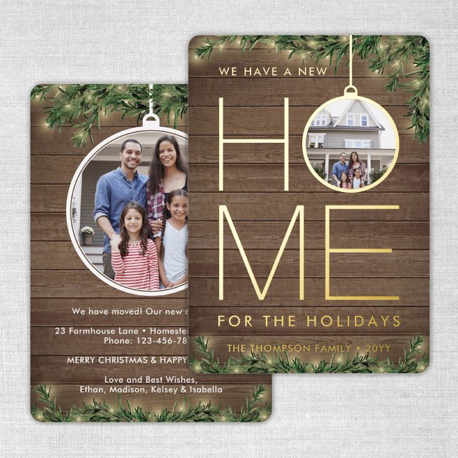 New Home Christmas Ornament Wood & Lights 2 Photo Foil Holiday Card (Creator Uploaded)