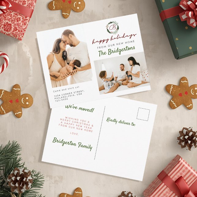 New Home Christmas WreathTwo Photo Family Moving Announcement Postcard (Creator Uploaded)