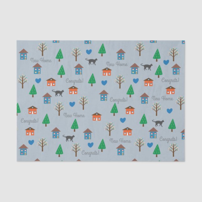 New Home Congrats Pattern with Houses and Trees Tissue Paper (Front)