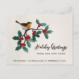 New Home Cute Bird Holly Berries Christmas Moving Announcement Postcard