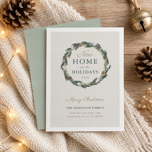 New Home Elegant Neutral Greenery Pine Wreath Holiday Card