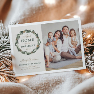 New Home Elegant Neutral Greenery Wreath Photo Holiday Card