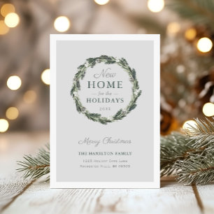 New Home Elegant Neutral Grey Green Wreath Holiday Card