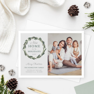 New Home Elegant Neutral Grey Green Wreath Photo Holiday Card