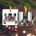 New Home First Christmas Rustic Trees Photo Ceramic Ornament<br><div class="desc">New Home First Christmas Rustic Trees Photo Ornament! Cute, Modern yet Rustic Christmas Holiday Photo Square Ornaments featuring adorable little forests of rustic Christmas trees and Merry Christmas in modern typography. Add 2 of your favourite photos for the perfect ornament! Please contact us at cedarandstring@gmail.com if you need assistance with...</div>