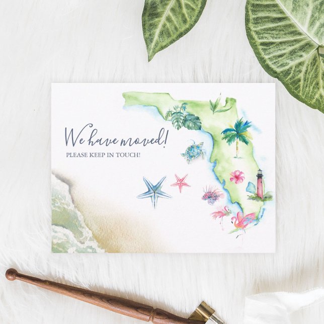 New Home Florida State Moving Announcement Postcard (Custom Florida moving announcement cards feature unique watercolor art by Victoria Grigaliunas)