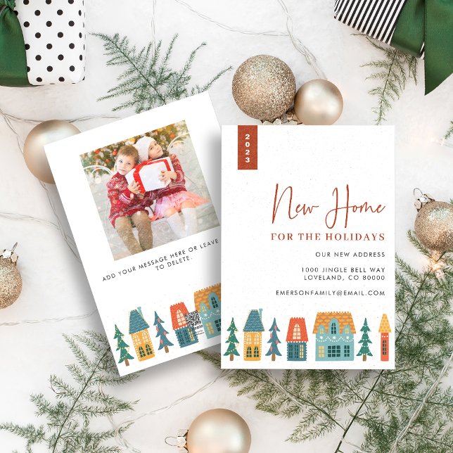 New Home For Holidays Card (New Home For The Holidays Christmas Cards Retro Houses with family photo by Painted Paperie)