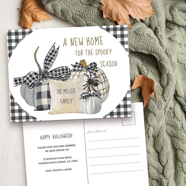 New Home for Spooky Season Farmhouse Halloween Holiday Postcard (New address and Happy Halloween Postcard with stylish farmhouse porch decor)
