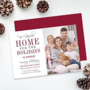 New Home for the Holidays Elegant Dark Red Photo Holiday Card