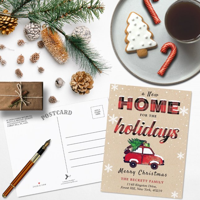 New Home for the Holidays Red Buffalo Plaid Announcement Postcard (Creator Uploaded)