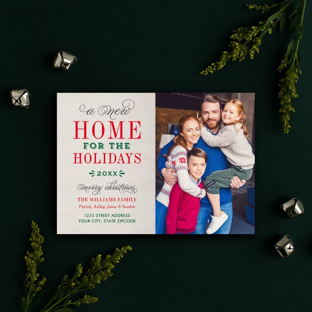 New Home for the Holidays Rustic Linen Photo Holiday Card (Creator Uploaded)