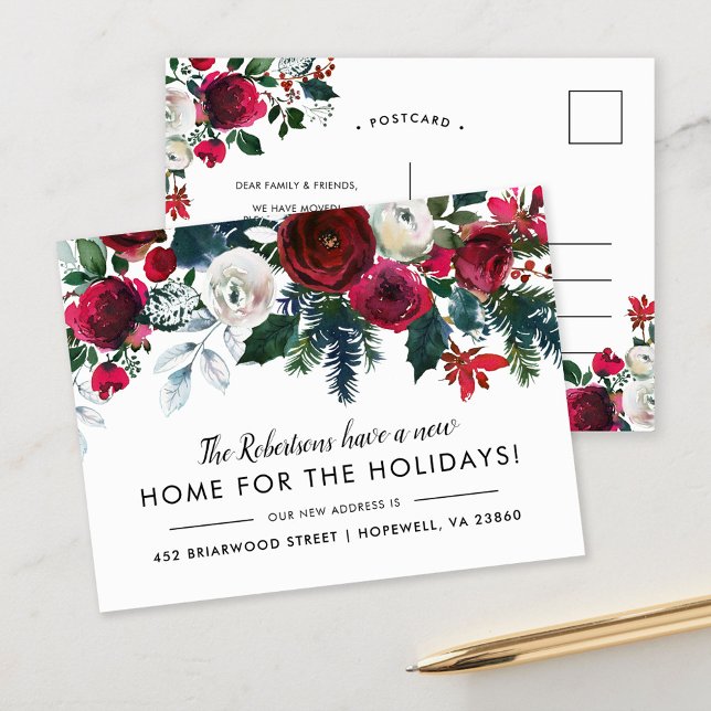 New Home for the Holidays Winter Floral Moving Announcement Postcard (Creator Uploaded)