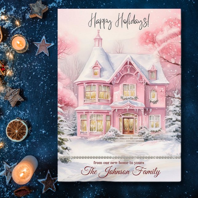 New Home for the Holidays Winter Scene Pink  Holiday Card (Creator Uploaded)