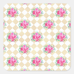 New Home Gift Gold And Pink Floral Pillows Square Sticker